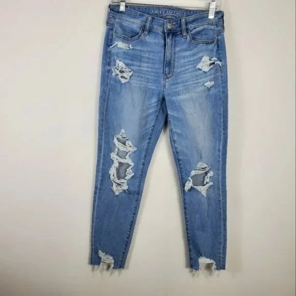 American Eagle Hi Rise Jegging Crop Womens Size 8 Short Light Wash Distressed - Picture 7 of 7